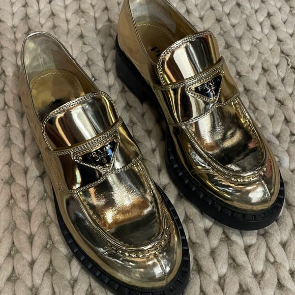 PRADA Triangular Logo Metallic Gold Leather Chocolate Loafers size 39 - Picture 12 of 16